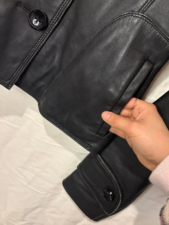 Soia & Kyo Black Genuine Leather Jacket XS Hip Length Button Front Designer - Picture 3 of 14